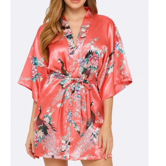 Cotton on Body Kimono Robe - Wedding Bridal Floral Robe with Peacock & Flowers S - Picture 1 of 9